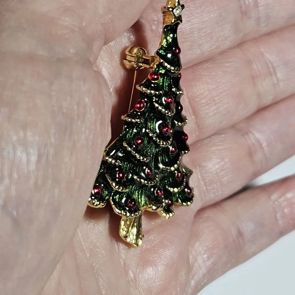 Christmas Tree Green Enamel Gold Tone Vintage Brooch Pin